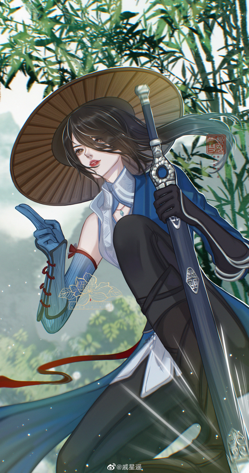 1girl, absurdres, asymmetrical_sleeves, bamboo, blue_dress, boots, brown_hair, cleavage_cutout