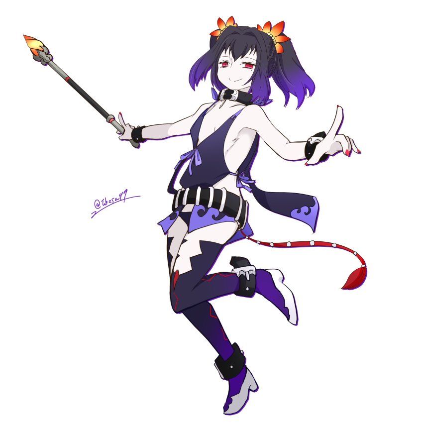 1girl, absurdres, bare_shoulders, baton_(weapon), belt, black_neckwear, black_thighhighs, bracelet, choker, flower, hair_ornament, high_heels, highres, jewelry, mole, mole_under_eye, nail_polish, pale_skin, purple_eyes, purple_hair, red_nails, revealing_clothes, short_hair, solo, symonne_(tales), tales_of_(series), tales_of_zestiria, thighhighs, tubasa49, twintails, weapon