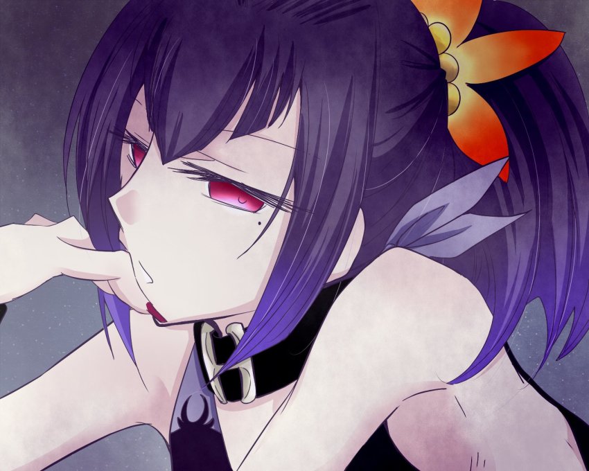 1girl, armpits, bare_shoulders, black_neckwear, bracelet, choker, flower, hair_ornament, highres, jewelry, mole, mole_under_eye, nail_polish, pale_skin, purple_eyes, purple_hair, red_nails, revealing_clothes, short_hair, solo, symonne_(tales), tales_of_(series), tales_of_zestiria, tubasa49, twintails