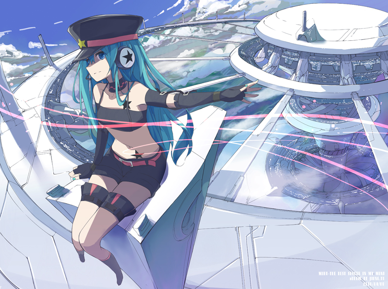 1girl, aqua_eyes, aqua_hair, female_focus, gloves, hat, hatsune_miku, hatsune_miku_(punk_module), headphones, headset, jong_tu, midriff, project_diva, project_diva_(series), scenery, shorts, sitting, smile, solo, star_(symbol), twintails, vocaloid