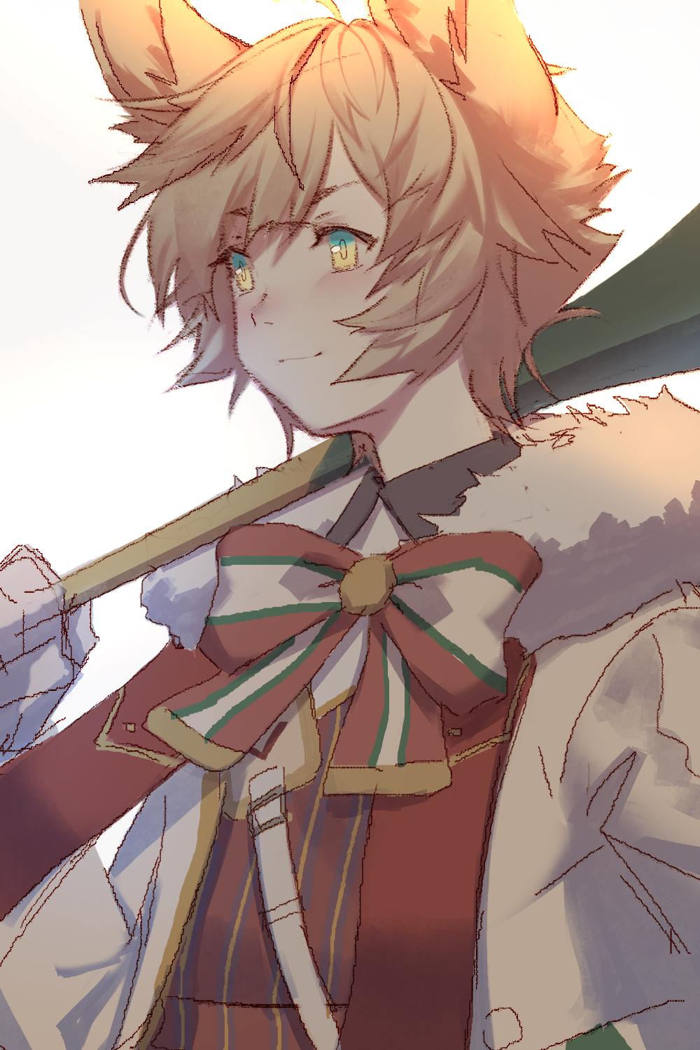 1boy, animal_ears, arknights, bishounen, blonde_hair, blush, christmas, closed_mouth