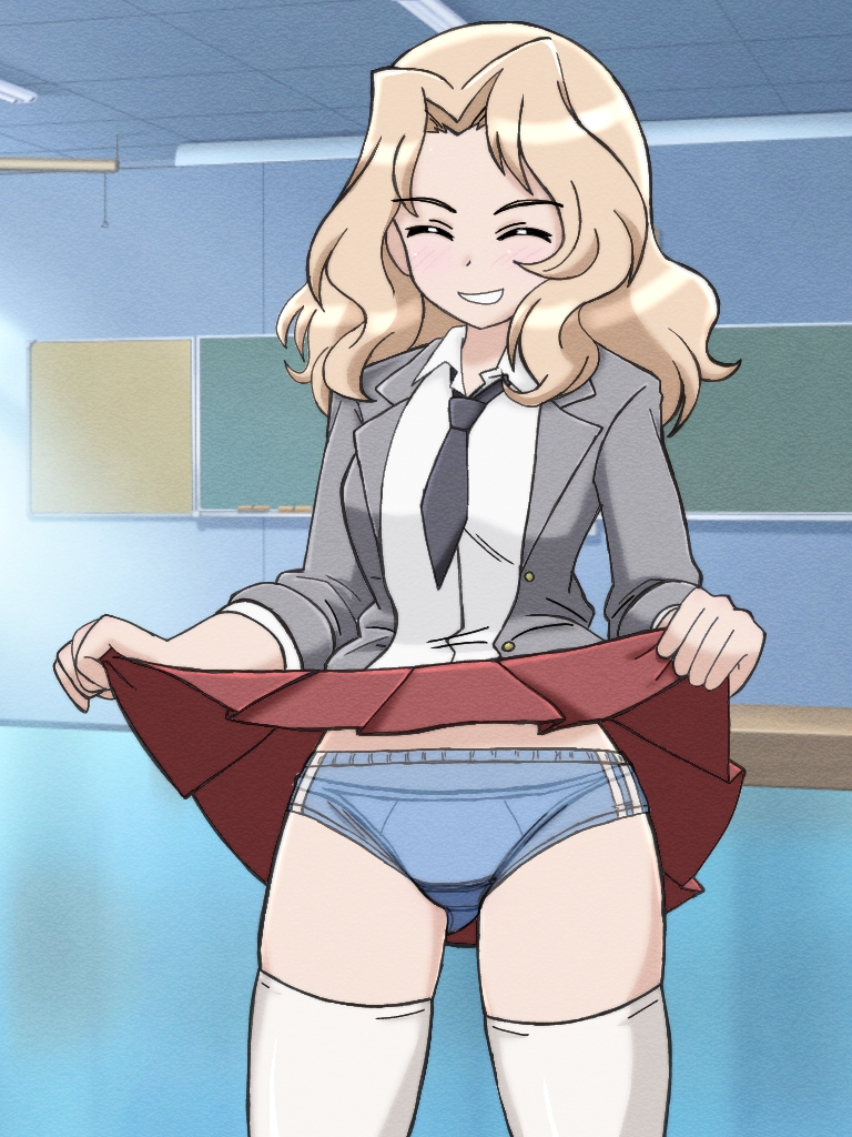 1girl, black_necktie, blonde_hair, blue_buruma, blush, breasts, buruma, classroom