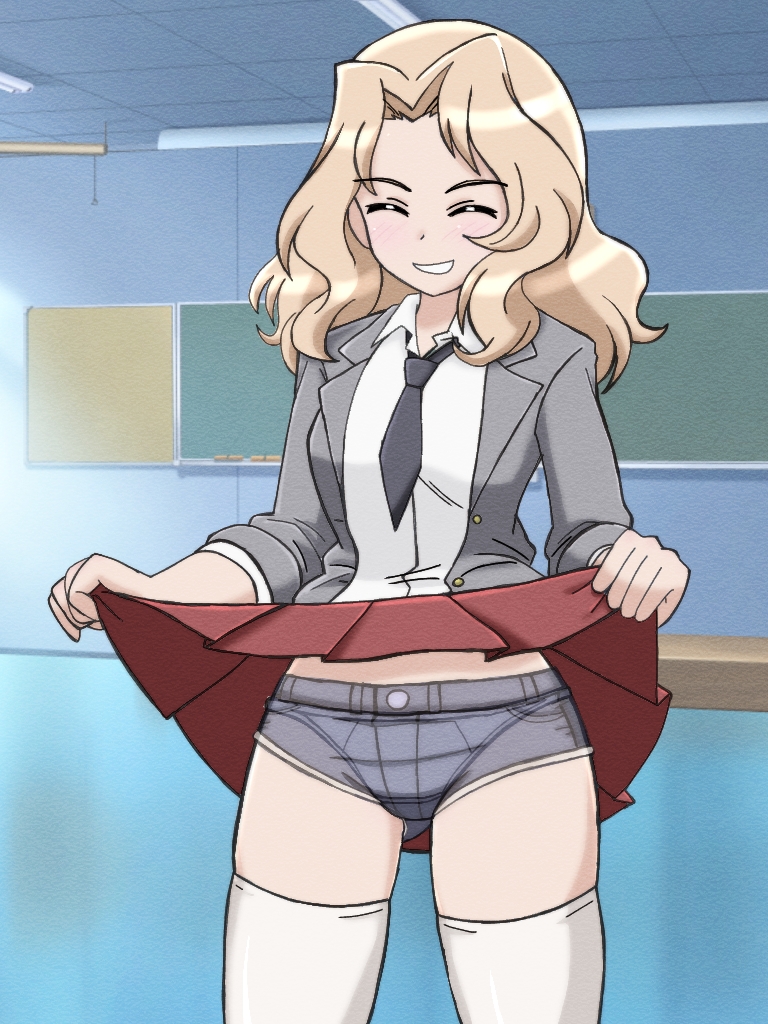 1girl, black_necktie, blonde_hair, blue_shorts, blush, breasts, classroom, closed_eyes