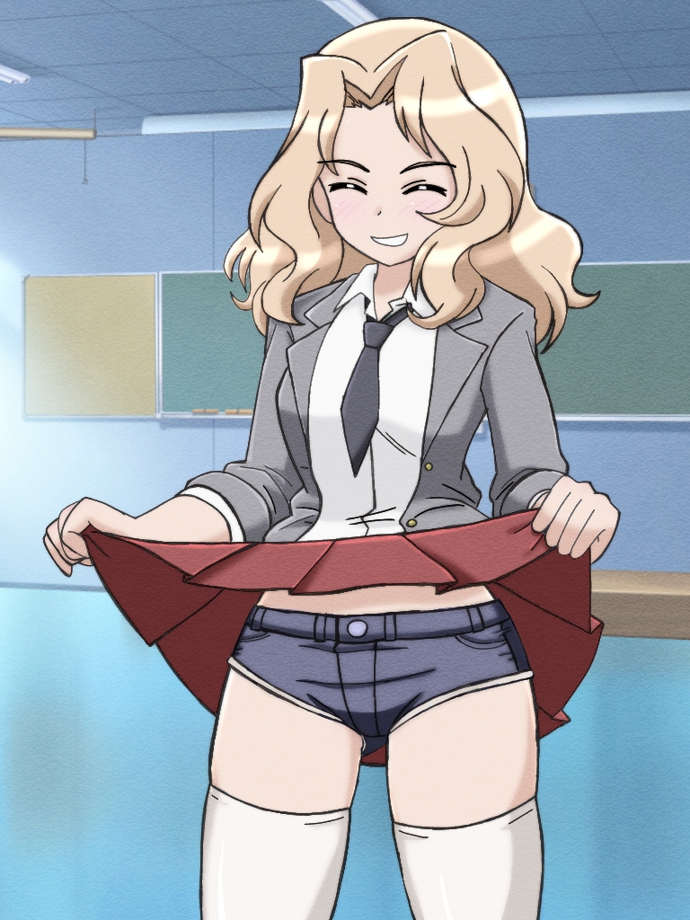 1girl, black_necktie, blonde_hair, blue_shorts, blush, breasts, classroom, closed_eyes