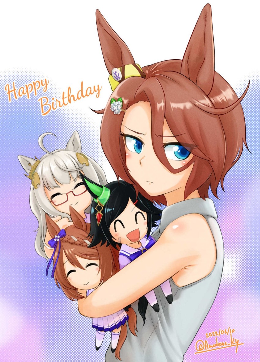 1girl, :>, ahoge, amadeusky, animal_ears, biwa_hayahide_(umamusume), black_hair, blue_bow