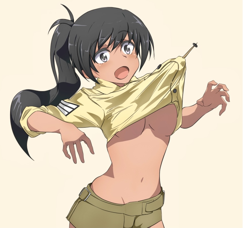 1girl, black_hair, blush, breasts, brown_eyes, clothes_lift, green_shorts, highres
