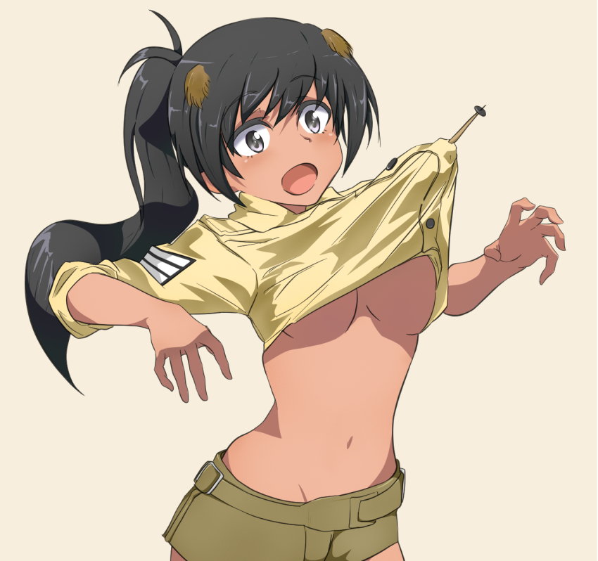 1girl, black_hair, blush, breasts, brown_eyes, clothes_lift, green_shorts, highres, large_breasts, long_hair, looking_at_viewer, luminous_witches, manaia_matawhaura_hato, midriff, navel, no_bra, noah_(0bp3292), open_mouth, ponytail, shirt_lift, shorts, simple_background, solo, underboob, wing_ears, world_witches_series, yellow_background