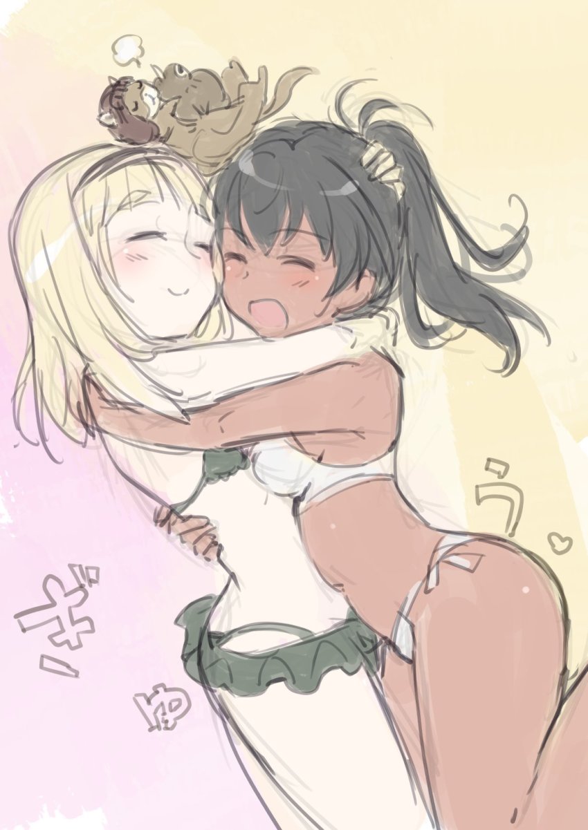 2girls, aohashi_ame, bikini, bikini_skirt, bird, black_hair, blonde_hair, blush