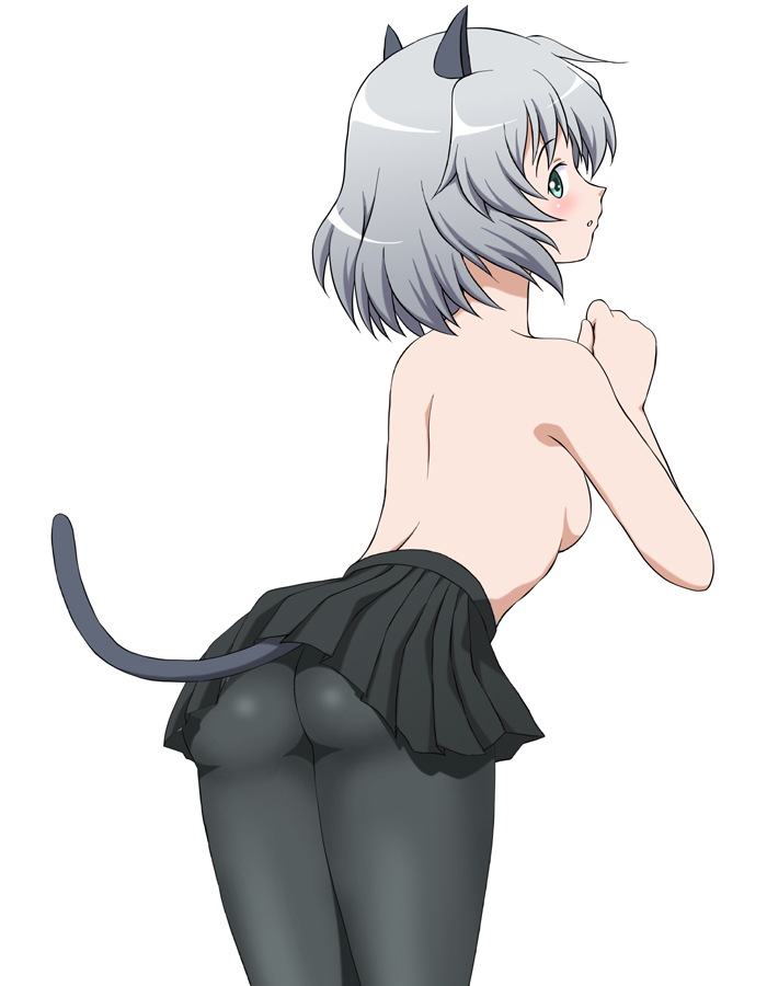 1girl, animal_ears, ass, black_pantyhose, black_skirt, blush, breasts, cat_ears