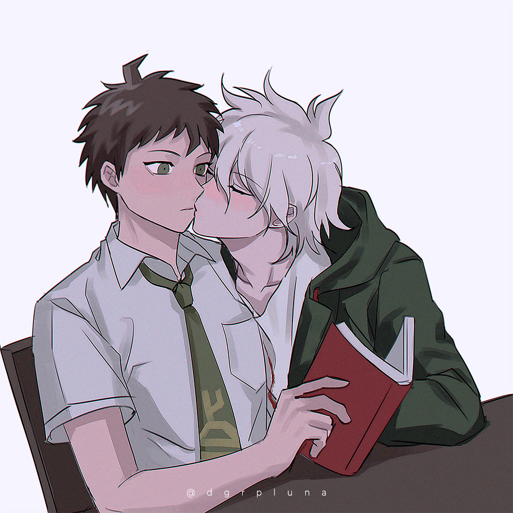 2boys, ahoge, artist_name, boleum_(dgrpluna), book, brown_hair, collarbone, collared_shirt, danganronpa_(series), danganronpa_2:_goodbye_despair, green_jacket, green_necktie, grey_background, grey_hair, grey_shirt, hinata_hajime, hood, hooded_jacket, jacket, kiss, komaeda_nagito, long_sleeves, male_focus, messy_hair, multiple_boys, necktie, open_book, shirt, short_hair, simple_background, yaoi