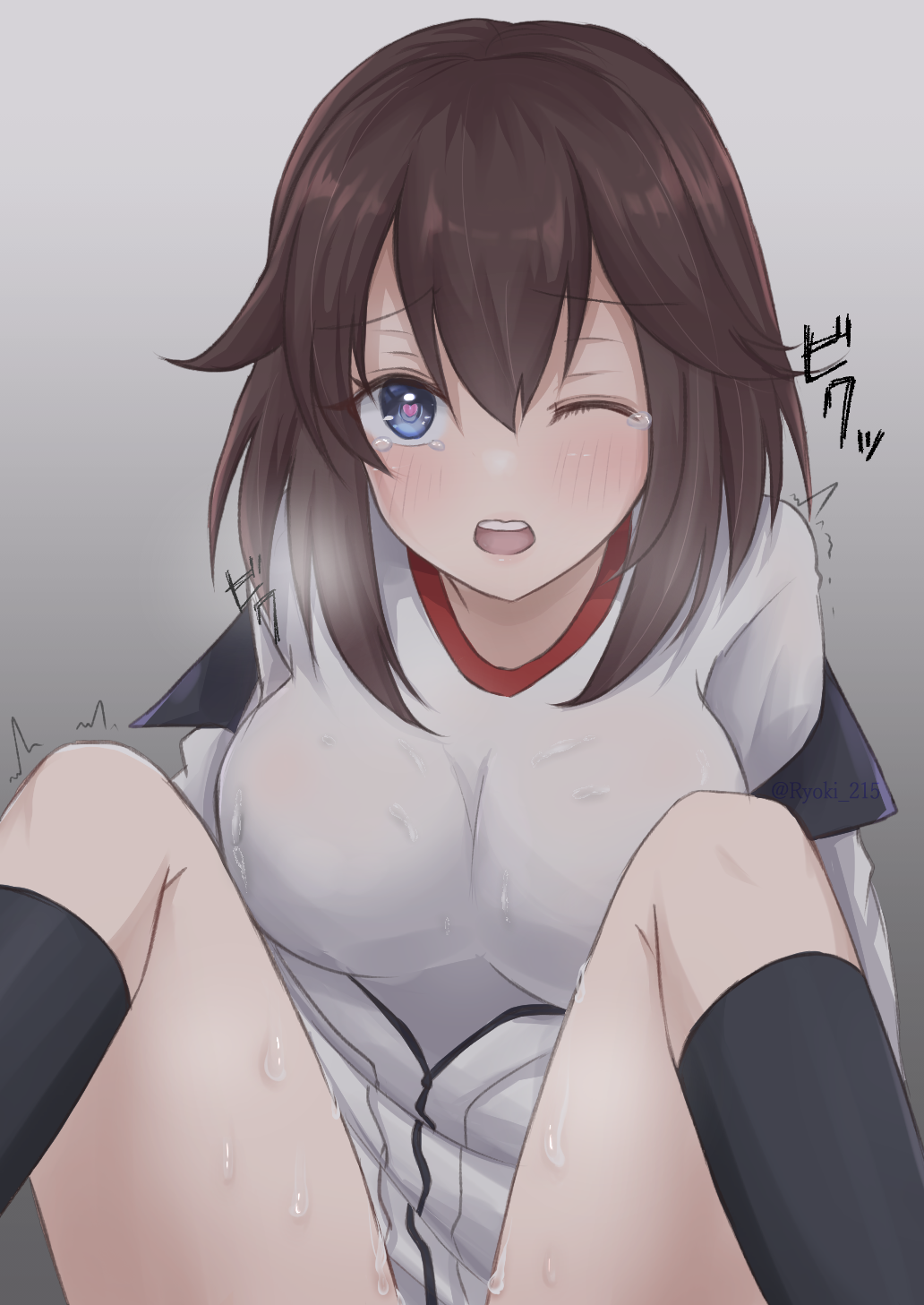 1girl, black_hair, black_socks, blue_eyes, breasts, gym_shirt, hayasui_(kancolle), heart