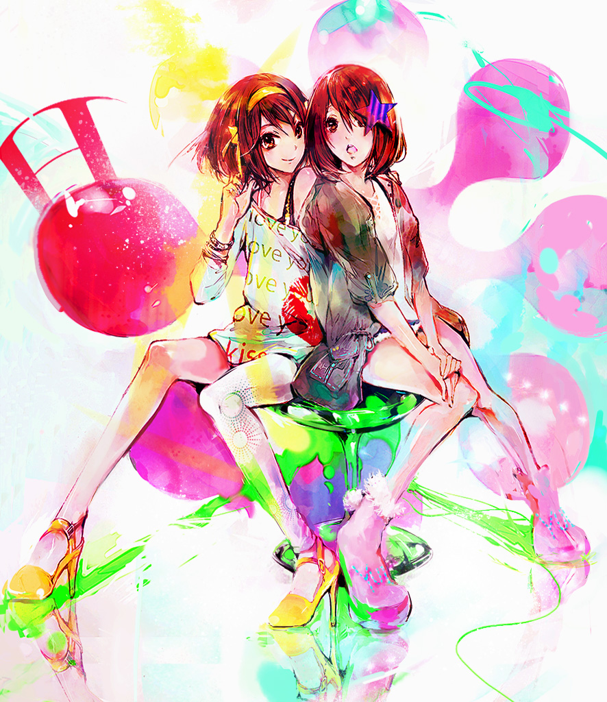 2girls, boots, brown_eyes, brown_hair, casual, crossover, hair_over_one_eye, hairband, high_heels, hirasawa_yui, k-on!, listen!!, multiple_girls, nekoif, shoes, short_hair, star_(symbol), suzumiya_haruhi, suzumiya_haruhi_no_yuuutsu