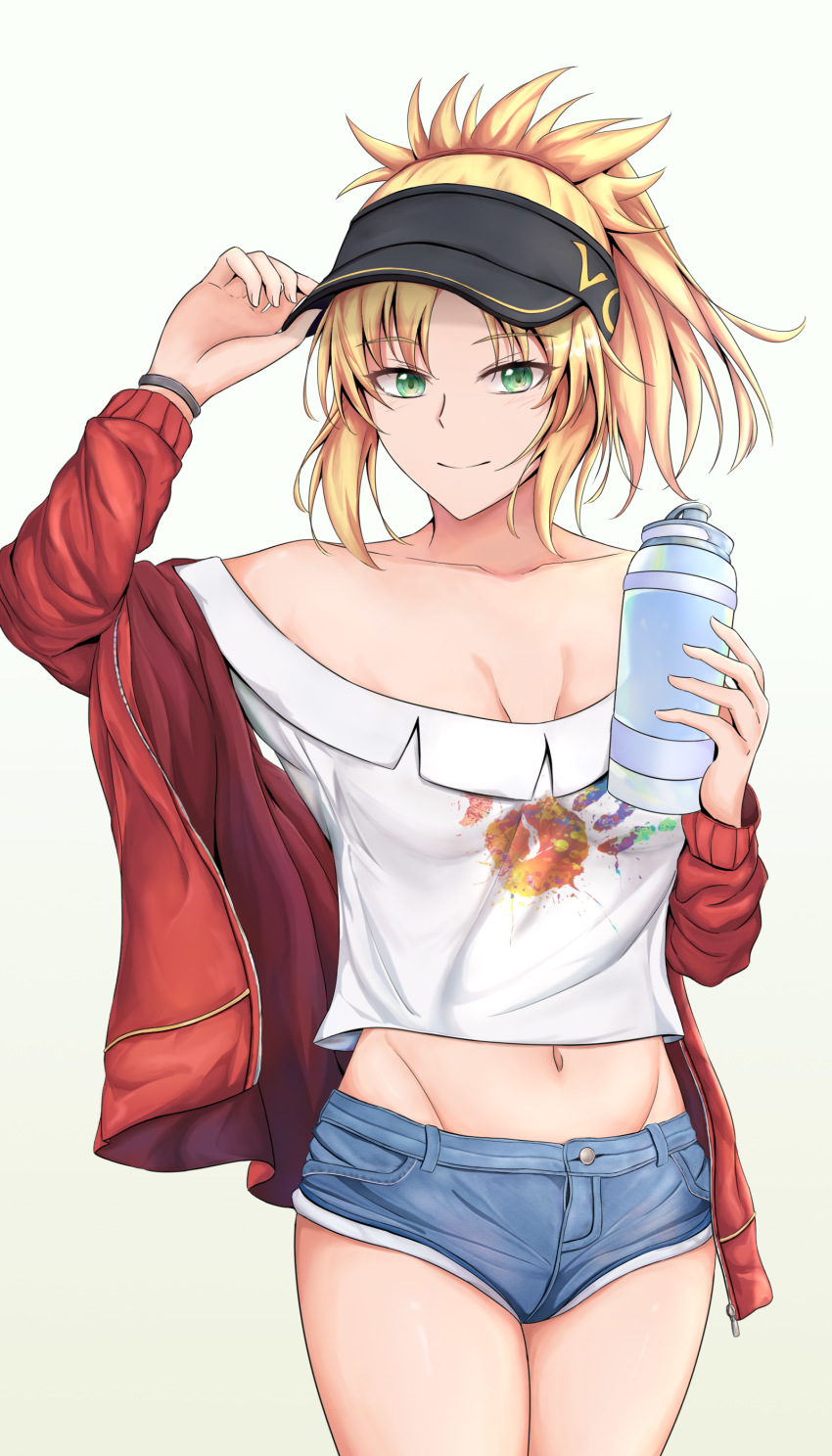 1girl, absurdres, blonde_hair, blue_shorts, bottle, breasts, cowboy_shot, denim