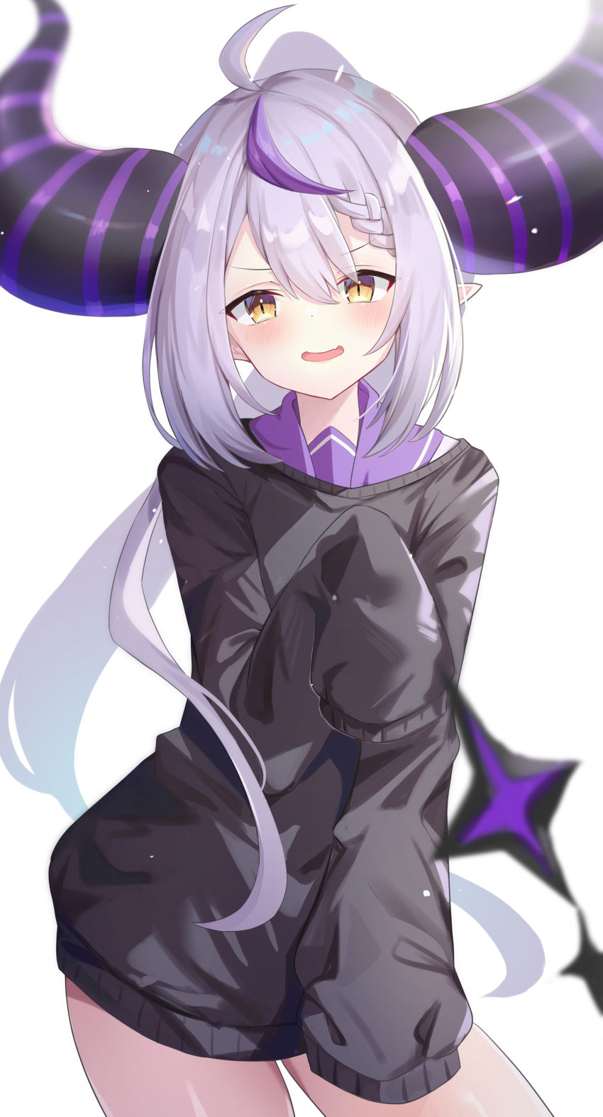 1girl, absurdres, ahoge, blush, braid, demon_girl, demon_horns, fang