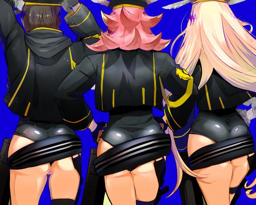 3girls, ass, back, belt, beret, black_hair, black_headwear, black_jacket