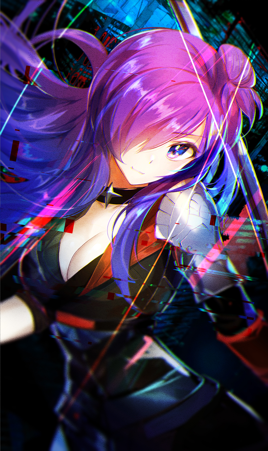 1girl, armor, asymmetrical_clothes, breasts, cape, choker, cleavage, closed_mouth