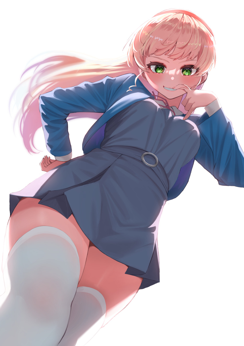 1girl, absurdres, backlighting, blonde_hair, bloom, blue_jacket, breasts, commentary