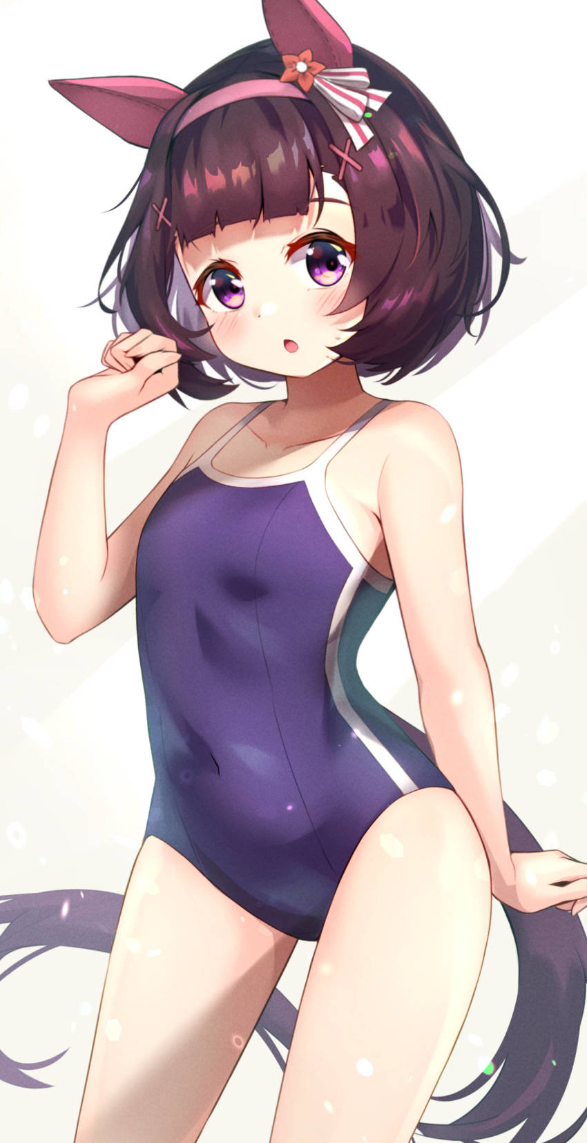 1girl, absurdres, animal_ears, black_eyes, black_hair, blue_one-piece_swimsuit, blunt_bangs, bob_cut