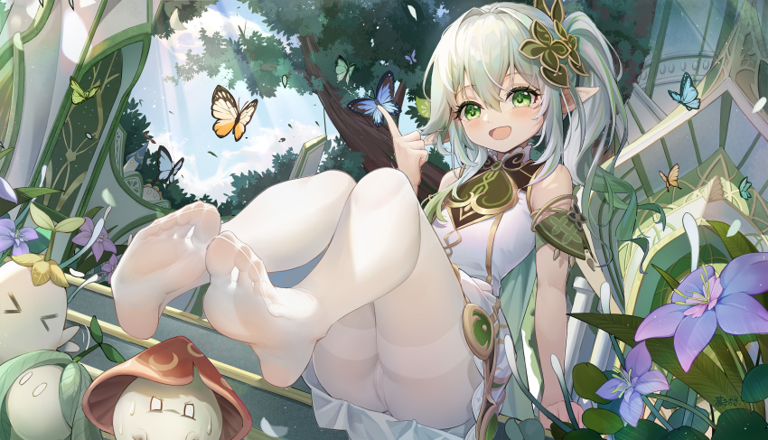 >_<, 1girl, :d, absurdres, armlet, blush, bug, butterfly
