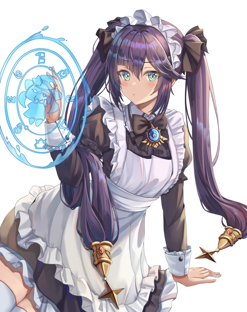 1girl, absurdres, alternate_costume, apron, arm_support, asymmetrical_bangs, black_bow, black_bowtie