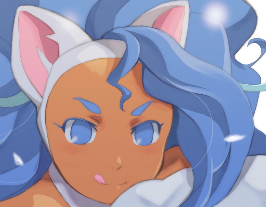 1girl, :q, animal_ears, blue_eyes, blue_hair, cat_ears, cat_girl, close-up, dark-skinned_female, dark_skin, darkstalkers, felicia_(darkstalkers), head_focus, katoramann, long_hair, portrait, tongue, tongue_out, very_long_hair, white_fur