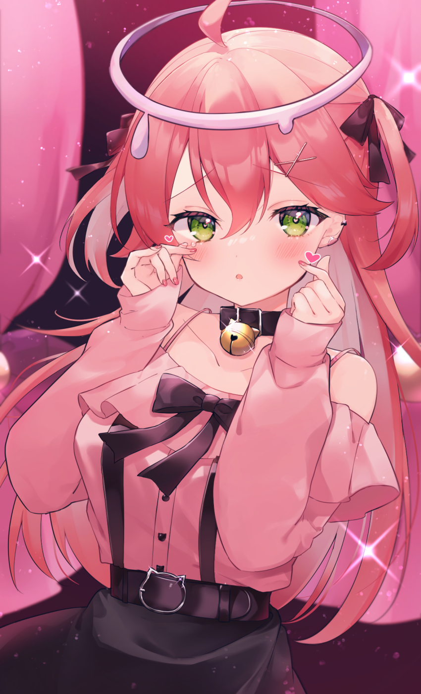 1girl, akuo_11, bell, belt, blush, collar, finger_heart, frilled_shirt, frills, green_eyes, hair_ornament, hair_ribbon, hairclip, halo, hands_up, heart, heart-shaped_pupils, highres, hololive, long_hair, long_sleeves, nail_polish, neck_bell, off-shoulder_shirt, off_shoulder, open_mouth, parted_lips, pink_hair, ribbon, sakura_miko, shirt, skirt, solo, suspender_skirt, suspenders, symbol-shaped_pupils, tearing_up, two_side_up, very_long_hair, virtual_youtuber, x_hair_ornament