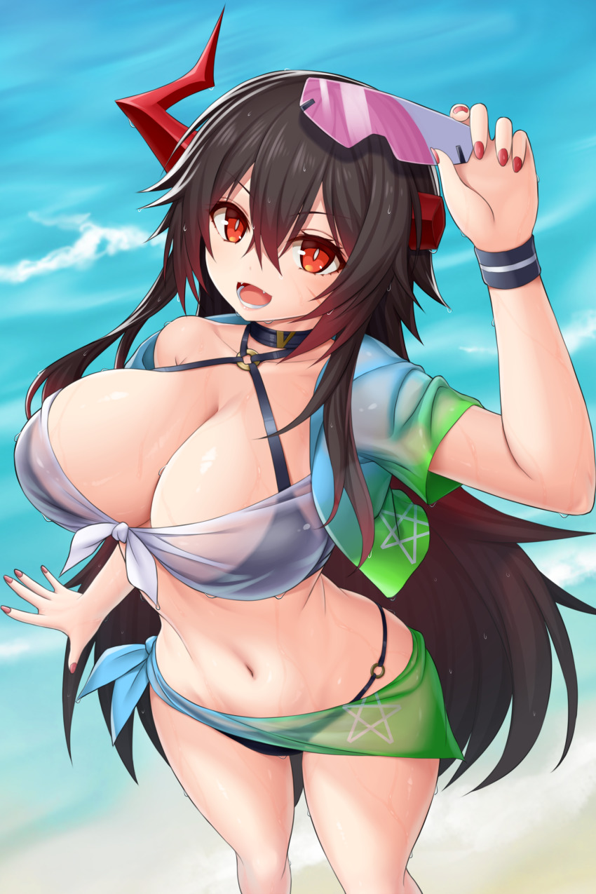 1girl, :d, alternate_breast_size, asamura_hiori, asymmetrical_horns, azur_lane, beach, bikini, black_bikini, black_hair, breasts, cleavage, collarbone, commentary_request, cowboy_shot, unworn_eyewear, fangs, foreshortening, from_above, groin, hair_between_eyes, halterneck, highres, holding, holding_removed_eyewear, horns, large_breasts, long_hair, looking_at_viewer, lower_teeth_only, magdeburg_(azur_lane), magdeburg_(gone_fishing)_(azur_lane), multicolored_hair, nail_polish, navel, o-ring, o-ring_bikini, ocean, off_shoulder, official_alternate_costume, open_clothes, open_mouth, open_shirt, partial_commentary, red_eyes, red_hair, red_nails, sarong, scar, scar_on_face, see-through_clothes, see-through_sarong, see-through_shirt, shirt, short_sleeves, sidelocks, single_bare_shoulder, smile, solo, standing, stomach, sunglasses, swimsuit, teeth, tied_shirt, wet, wet_clothes, wet_hair, wet_shirt