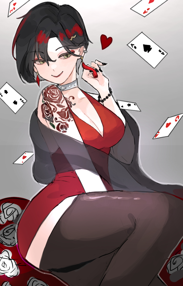 1girl, black_hair, black_thighhighs, breasts, card, choker, cleavage, collarbone