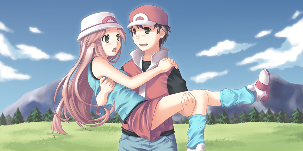 00s, 1boy, 1girl, alternate_costume, blush, brown_hair, carrying, couple