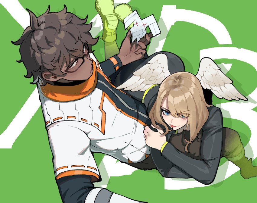 1boy, 1girl, ass, black_bodysuit, black_jacket, blue_eyes, bodysuit, breast_tattoo, breasts, brown_eyes, brown_hair, cleavage, dark-skinned_male, dark_skin, eunie_(xenoblade), glasses, head_wings, hetero, highres, hood, hoodie, jacket, mondo_(xenoblade_3), long_sleeves, lying, lying_on_person, medium_hair, mondo_(xenoblade_chronicles_3), nyantcha, on_person, on_stomach, open_clothes, open_jacket, orange_scarf, scarf, short_hair, solo, taion_(xenoblade), tattoo, white_jacket, white_wings, wings, xenoblade_chronicles_(series), xenoblade_chronicles_3