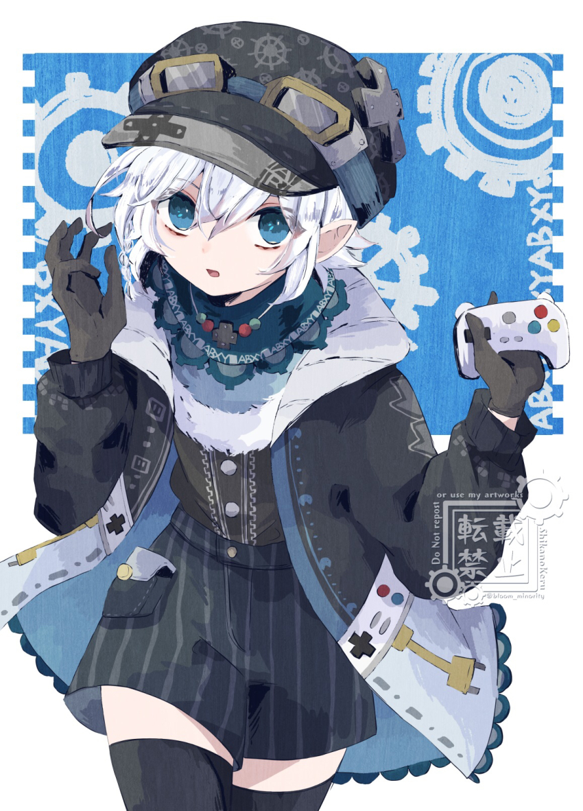 1boy, bloomminority, blue_background, blue_eyes, controller, fantasy, gloves, goggles