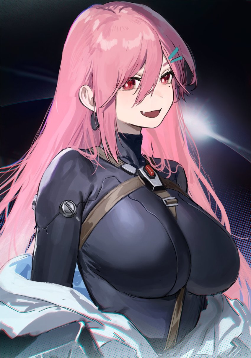 1girl, aochoku, between_breasts, black_bodysuit, bodysuit, breasts, earrings, fang, girls'_frontline, hair_ornament, hairclip, highres, jacket, jewelry, long_hair, looking_at_viewer, mole, mole_under_eye, off_shoulder, official_alternate_costume, open_clothes, open_jacket, open_mouth, pink_hair, red_eyes, revision, sidelocks, sig_mcx_(girls'_frontline), sig_mcx_(trans-dimensional_sentinel)_(girls'_frontline), smile, spacesuit, spade_(shape), spade_earrings, strap_between_breasts, turtleneck, upper_body