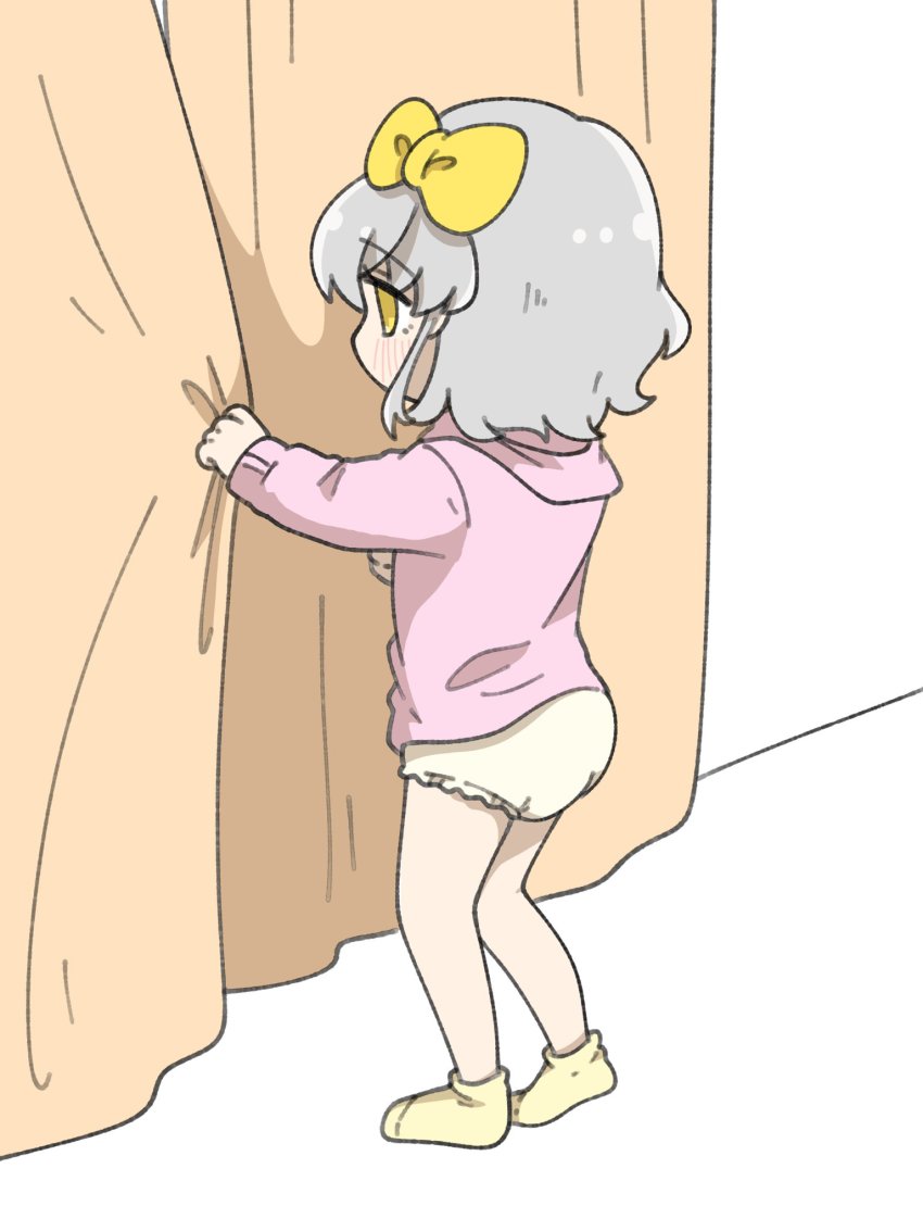 1girl, blush, bow, child, curtain_grab, curtains, diaper, female_focus