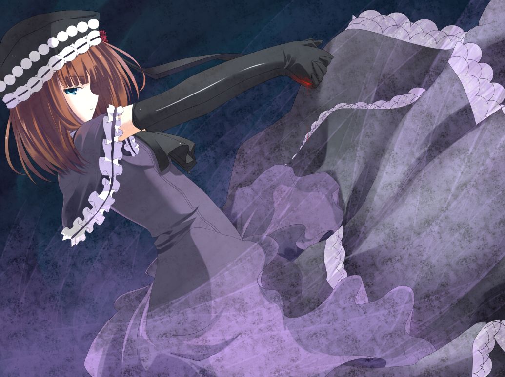 1girl, bad_id, bad_pixiv_id, blood, blue_eyes, bow, dress, elbow_gloves