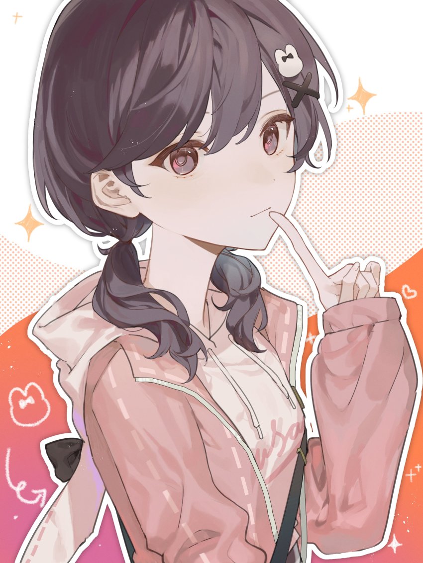 1girl, absurdres, animal_hood, brown_eyes, brown_hair, finger_to_mouth, hair_ornament, hairclip, highres, hood, hoodie, jacket, lingjiu_yuki, looking_at_viewer, medium_hair, open_clothes, open_jacket, osanpo_usa-chan_coord_(project_sekai), pink_hoodie, pink_jacket, project_sekai, rabbit_hood, shinonome_ena, short_twintails, solo, twintails