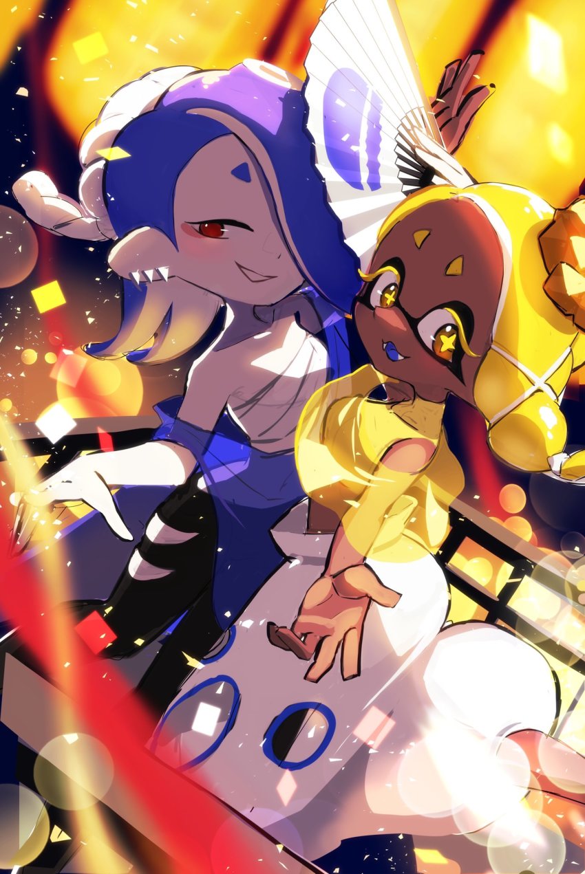 +_+, 2girls, black_pants, blonde_hair, blurry, blurry_background, blurry_foreground, brown_eyes