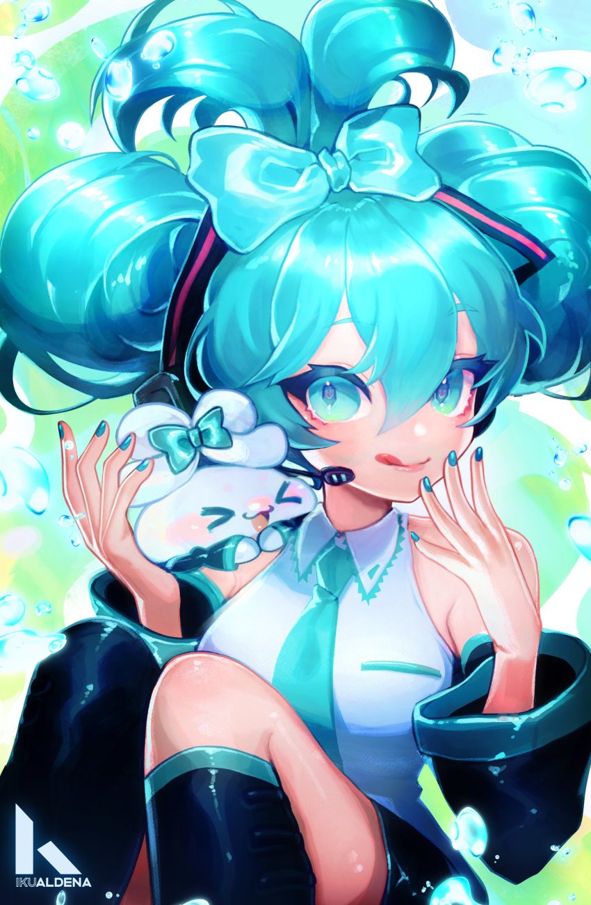 1girl, :p, absurdres, aqua_eyes, aqua_hair, aqua_nails, bare_shoulders, bow, breasts, cinnamiku, collared_shirt, detached_sleeves, double_bun, ear_bow, fuwa_fuwa_cinnamoroll, hair_bun, hatsune_miku, highres, ikram, long_hair, medium_breasts, nail_polish, necktie, sanrio, shirt, sleeveless, sleeveless_shirt, solo, tongue, tongue_out, twintails, very_long_hair, vocaloid