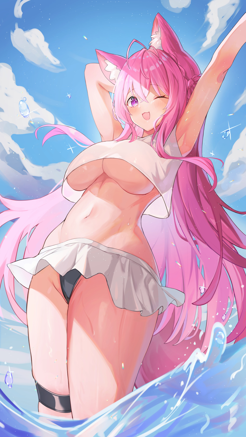 1girl, absurdres, animal_ear_fluff, animal_ears, armpits, arms_up, bikini, blue_sky, blush, breasts, cloud, glint, hakui_koyori, highres, hololive, long_hair, navel, one_eye_closed, open_mouth, outdoors, pink_hair, purple_eyes, see-through_clothes, see-through_silhouette, silhouette, skindentation, sky, solo, splashing, swimsuit, tail, thigh_strap, underboob, ushio_ochinashi, very_long_hair, virtual_youtuber, white_bikini