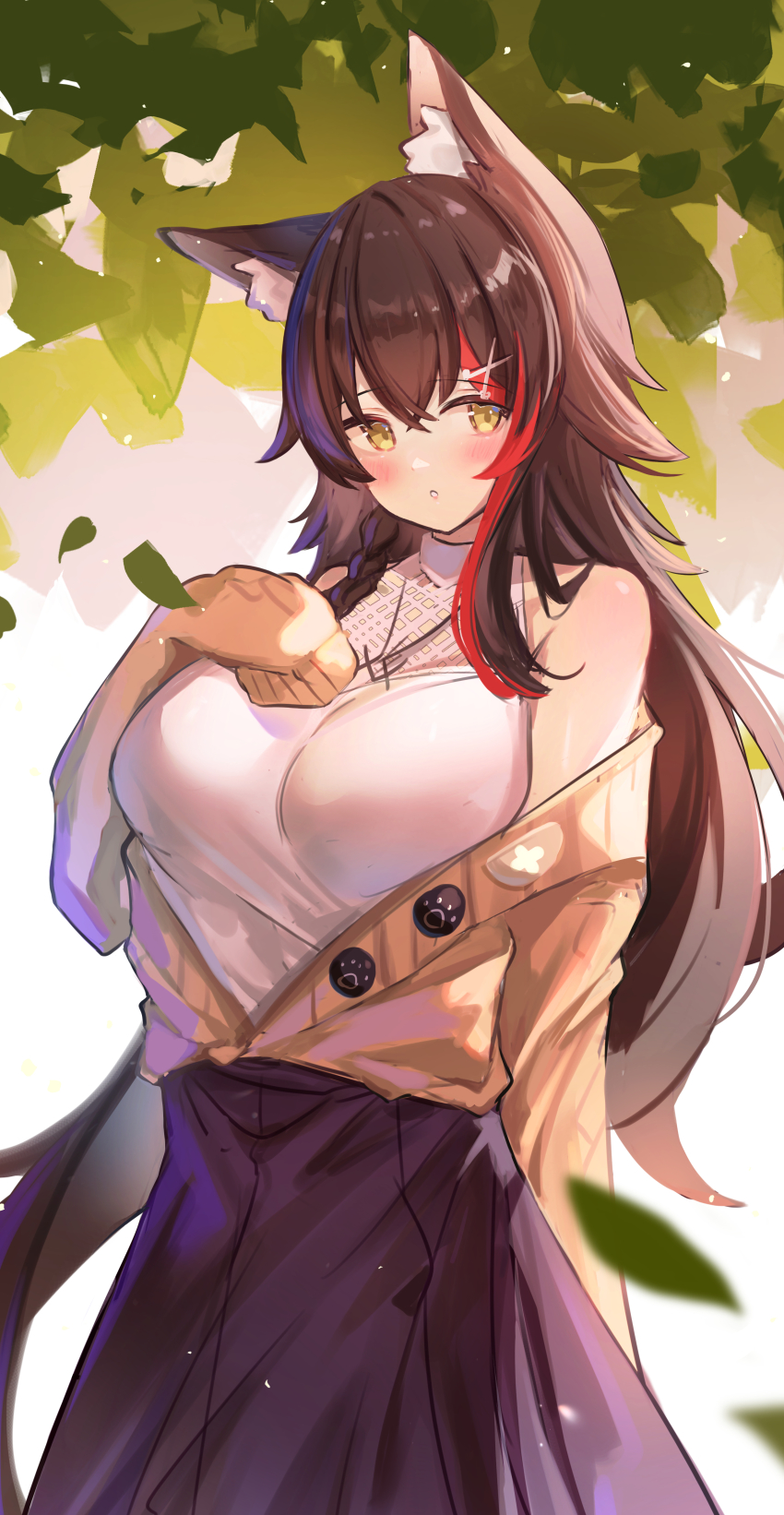 1girl, absurdly_long_tail, absurdres, animal_ear_fluff, animal_ears, arm_behind_back, blurry, blurry_foreground