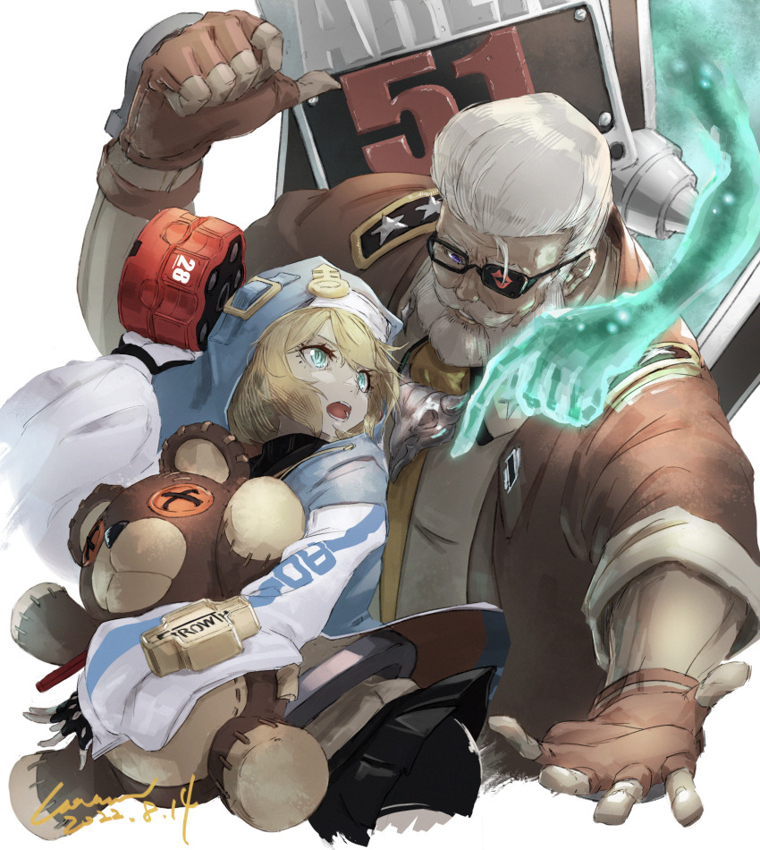 2boys, absurdres, androgyne_symbol, beard, blonde_hair, blue_eyes, blue_jacket, bridget_(guilty_gear)