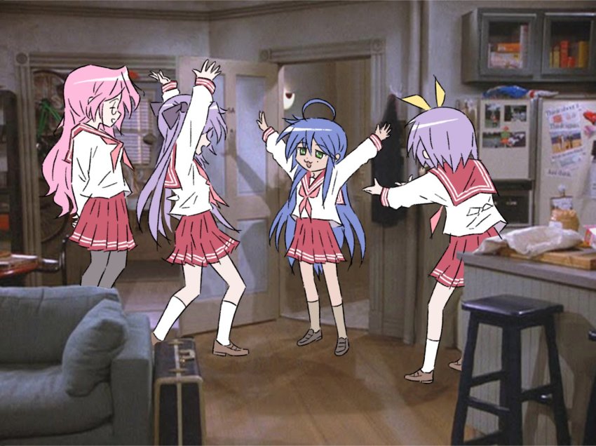 4girls, ahoge, arms_up, blue_hair, glasses, green_eyes, hiiragi_kagami, hiiragi_tsukasa, izumi_konata, loafers, long_hair, lucky_star, multiple_girls, pantyhose, parody, photo_background, pink_hair, pleated_skirt, purple_hair, school_uniform, seinfeld, serafuku, shoes, short_hair, skirt, socks, takara_miyuki, truffleduster, twintails