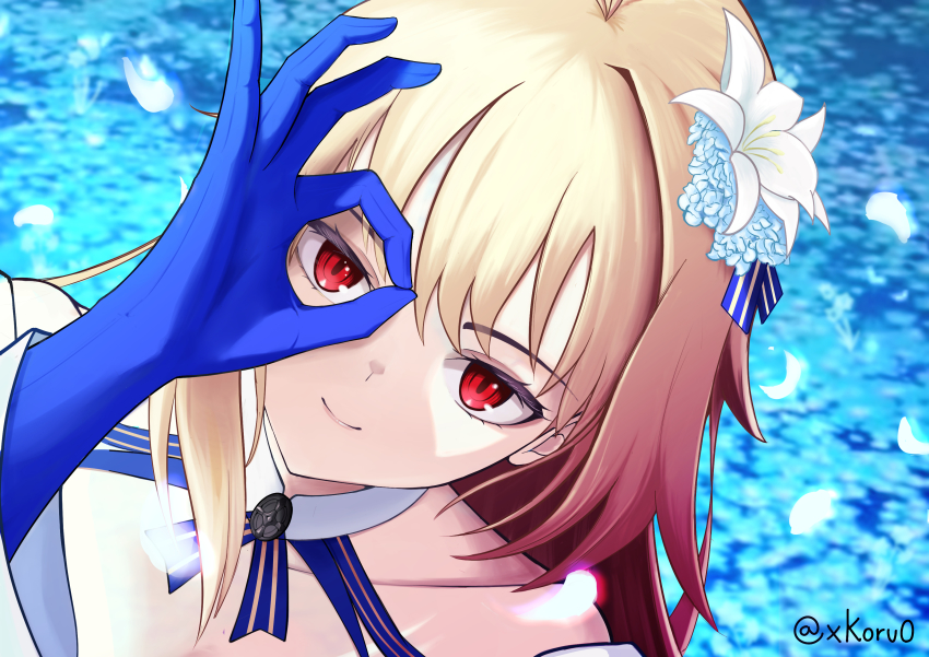 1girl, absurdres, archetype_earth, archetype_earth_(third_ascension), arcueid_brunestud, bare_shoulders, blonde_hair, blue_gloves