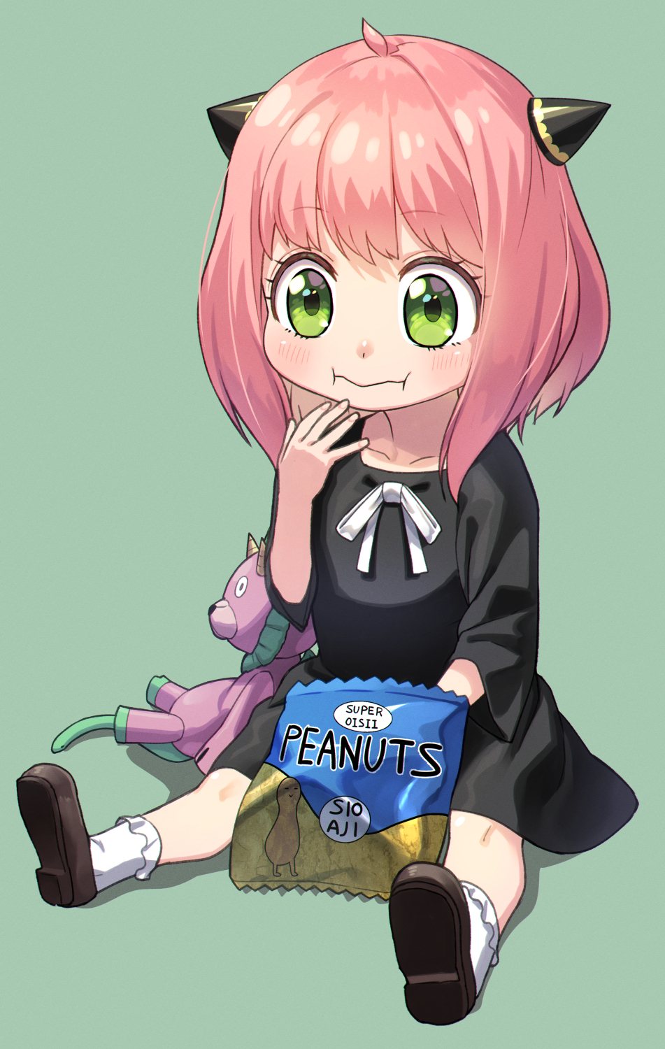 1girl, :i, anya_(spy_x_family), baby_doll_socks, black_dress, blush, bobby_socks, child