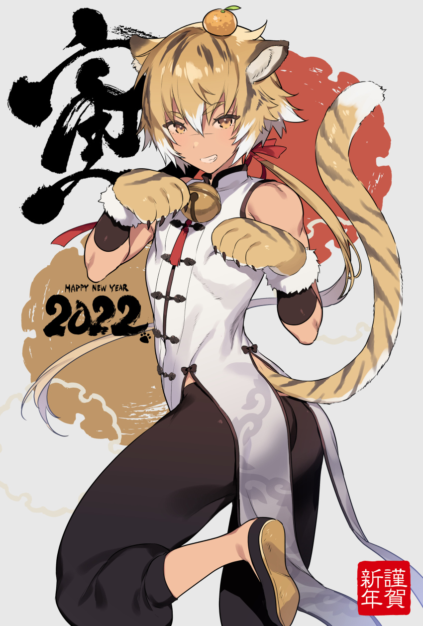 1boy, 2022, absurdres, animal_ear_fluff, animal_ears, animal_hands, animal_print, apricot_(fruit), ass, bare_shoulders, bell, bow, chinese_clothes, chinese_zodiac, dark_skin, food, fruit, grin, hair_between_eyes, hair_bow, happy_new_year, highres, jingle_bell, leg_up, long_hair, looking_at_viewer, male_focus, mandarin_collar, mandarin_orange, multicolored_hair, nengajou, new_year, original, ponytail, smile, solo, standing, standing_on_one_leg, tail, tiger_ears, tiger_paws, tiger_print, tiger_tail, tubumi, two-tone_hair, year_of_the_tiger, yellow_eyes