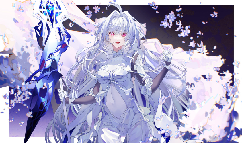 1girl, absurdres, ahoge, bodystocking, border, commentary_request, covered_navel, doku_kobuko, dress, fate/grand_order, fate_(series), flower, gloves, hair_intakes, highres, holding, holding_staff, holding_weapon, lady_avalon_(fate), lady_avalon_(third_ascension)_(fate), long_hair, looking_at_viewer, merlin_(fate/prototype), merlin_(swimsuit_pretender)_(third_ascension)_(fate/prototype), open_mouth, outside_border, petals, pink_eyes, purple_flower, smile, solo, staff, very_long_hair, weapon, white_border, white_dress, white_gloves, white_hair