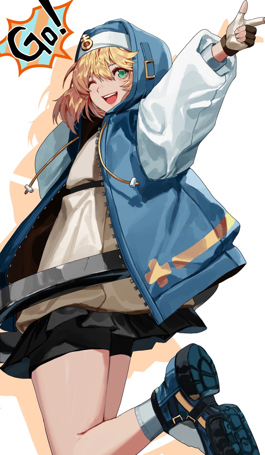 1boy, absurdres, androgyne_symbol, bare_legs, bike_shorts, blonde_hair, blue_jacket, bridget_(guilty_gear)