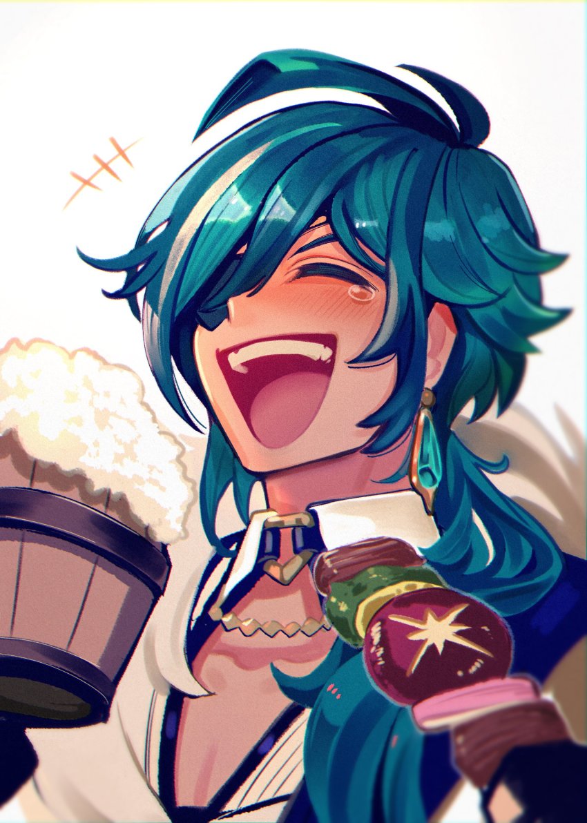 +++, 1boy, ahoge, alcohol, beer, beer_mug, black_gloves, blue_eyes