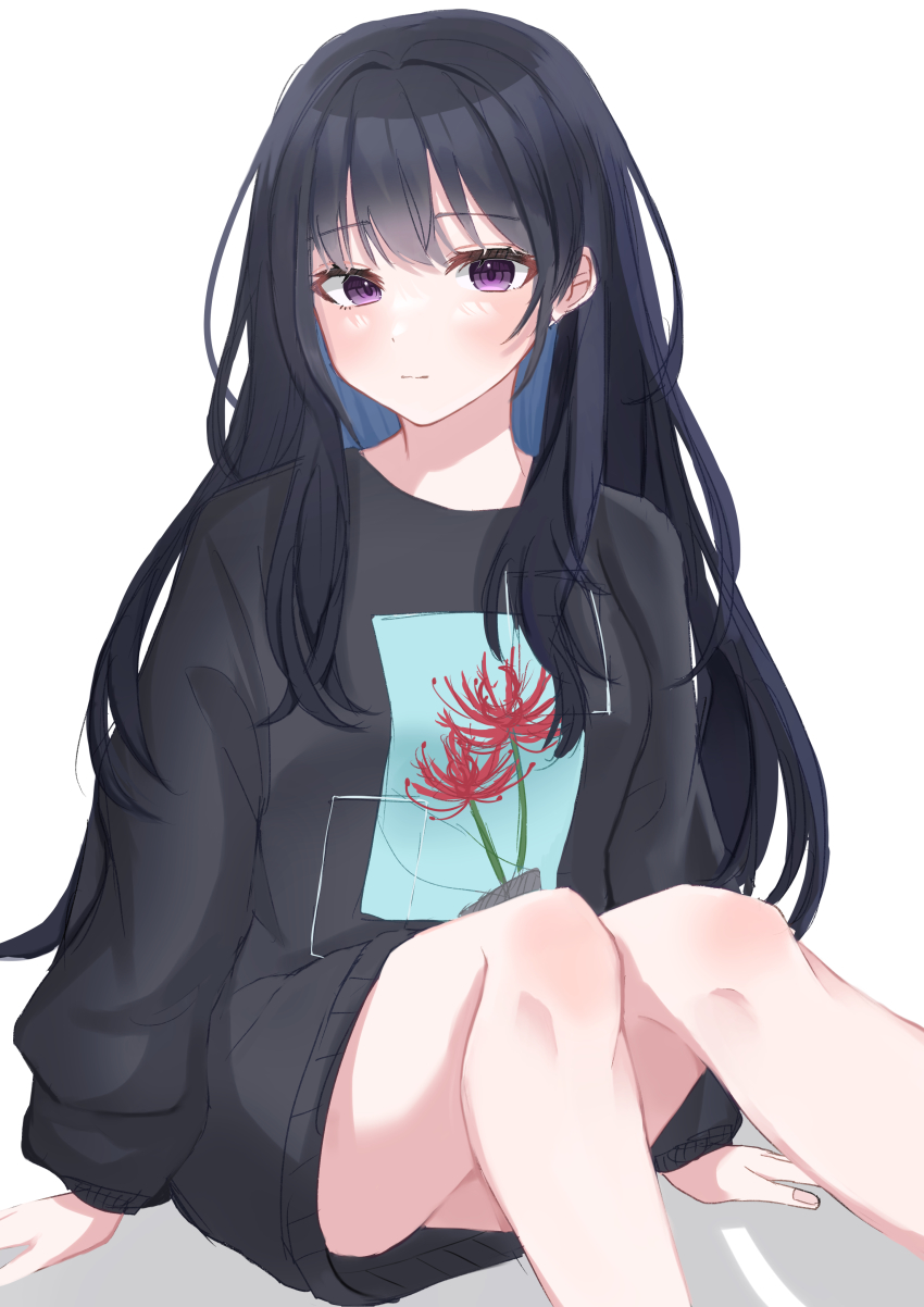 1girl, absurdres, bare_legs, black_hair, black_shirt, blue_hair, closed_mouth, colored_inner_hair