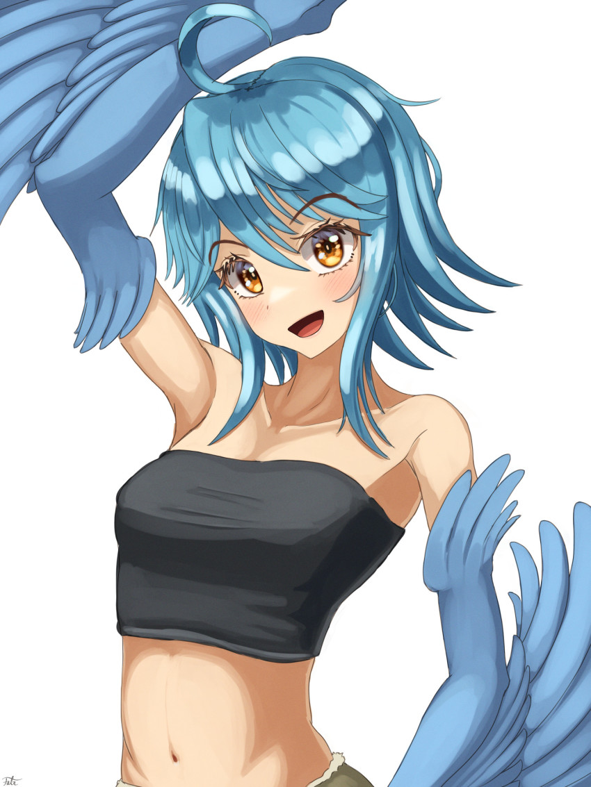 1girl, ahoge, bare_shoulders, black_tube_top, blue_hair, blue_wings, blush, breasts, falr_illust, feathered_wings, feathers, harpy, highres, medium_hair, midriff, monster_girl, monster_musume_no_iru_nichijou, navel, open_mouth, papi_(monster_musume), simple_background, small_breasts, solo, strapless, tube_top, white_background, winged_arms, wings, yellow_eyes