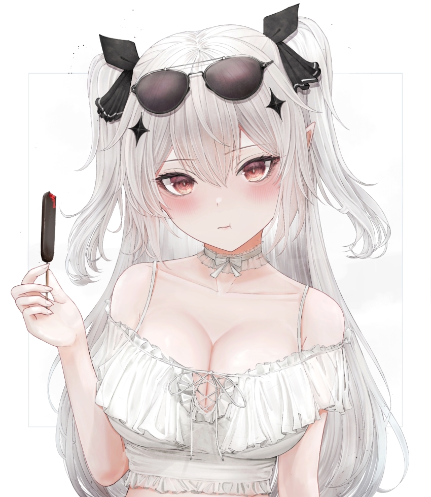 1girl, :t, blush, bow, breasts, chiawara, choker, cleavage